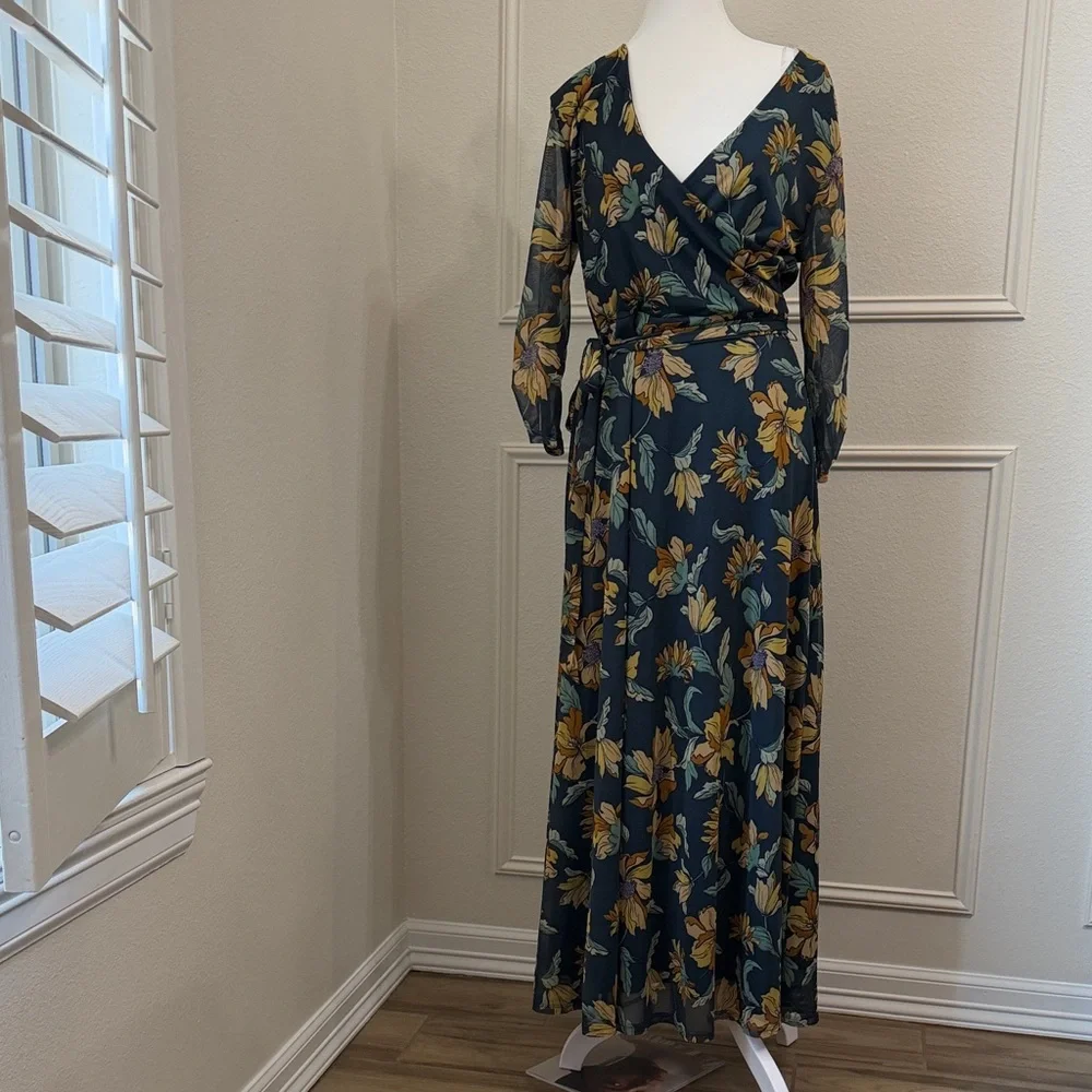 Floral Wrap overlayed Maxi Dress 3/4 sleeve in Teal and Mustard✨Large - Picture 8 of 8